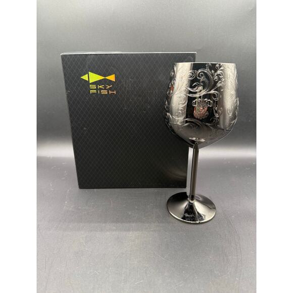 SKY FISH Etched Stainless Steel Wine Glass Goblets - Set Of 2 - New - Picture 1 of 8